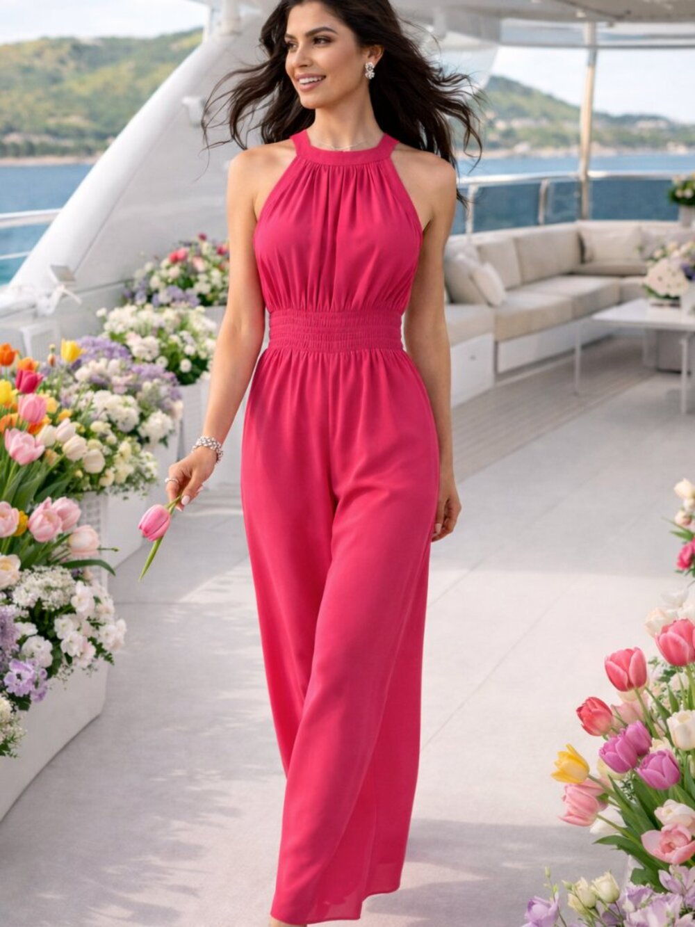 Dynamic Vince Camuto Elegant Modern Pink Halter Neck Wide Leg Jumpsuit NWT - Picture 4 of 13